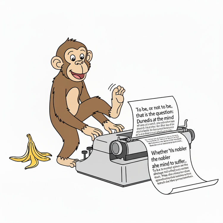 A cheerful cartoon chimpanzee (maybe a monkey; hard to say; probably a chimp?) tapping away at a typewriter and coming up with fragments of Hamlet by William Shakespeare.